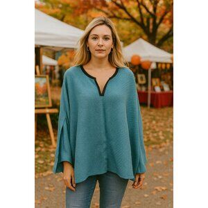 One Maria Cornejo Poncho Tunic XL Blue Textured Knit Minimalist Boho Top